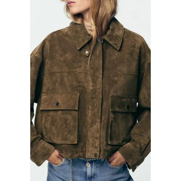 ZARA 100% LEATHER BOMBER JACKET - Picture 1 of 14